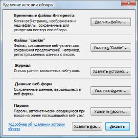 Окно удаления временных файлов Internet Explorer
