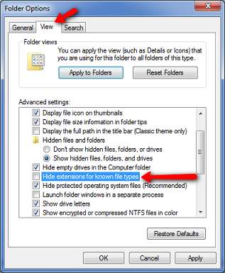 показать расширение файла в Windows 7