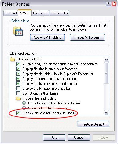 показать расширение файла в Windows XP